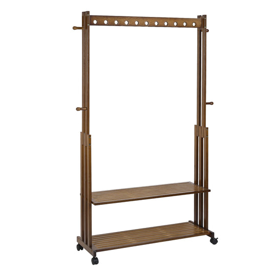 Bamboe Kledingrek - Kledingstandaard - Met-Wielen-Plank-Coatstand - Schoenenrek - Hout - Walnootkleur