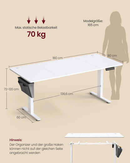 Elektrisch Verstelbaar Bureau – Zit-Sta Bureau – Bureautafel – Laptoptafel – Hoogte Verstelbaar – Geheugenfunctie – Stil Motor - Wit