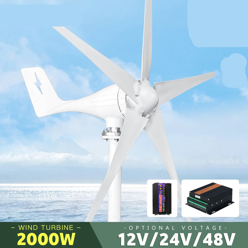 Windturbine – Windgenerator – Energie Generator – Duurzame Energie – 2000W Vermogen – Aluminium Behuizing – Laag Startvermogen - Met Hybride Controle - 12V