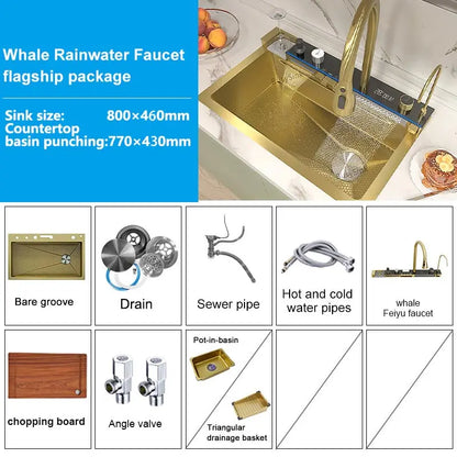 Stainless Steel Waterfall Kitchen Sink Extra Large Single Slot Digital Display Faucet Set Cup Washer Wash Basin 100*50cm
