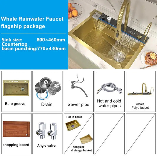 Stainless Steel Waterfall Kitchen Sink Extra Large Single Slot Digital Display Faucet Set Cup Washer Wash Basin 100*50cm