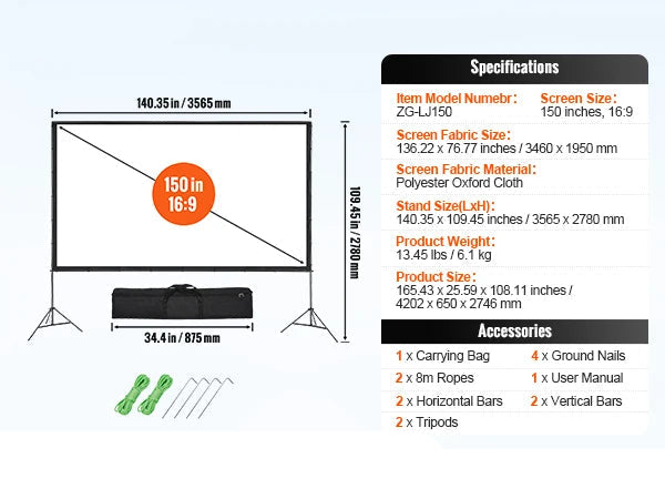 Projectiescherm - Beamer Scherm - Projector Scherm - Home Cinema - 4K/1080P HD Buitenbioscoop Scherm - voor Thuisbioscoop en Tuingebruik - met Statief 150 Inch - Beamer Mini - Draagbaar - Opvouwbaar
