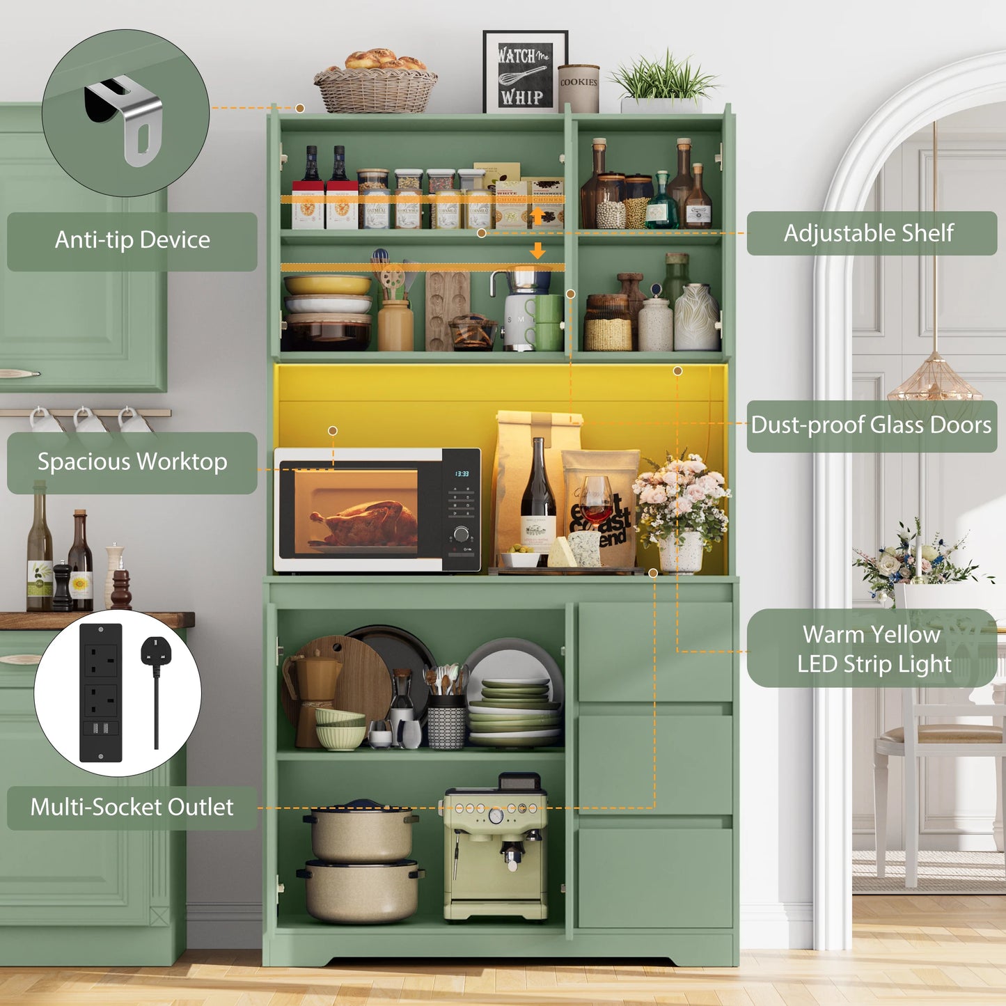 Keukenbuffet – Keukenkast – Buffetkast – Keukenopberger – Keukenmeubel – Wit – Met LED-verlichting – Stopcontacten met USB – 180 cm Hoog – 6 Verstelbare Planken – 3 Lades - QUORE