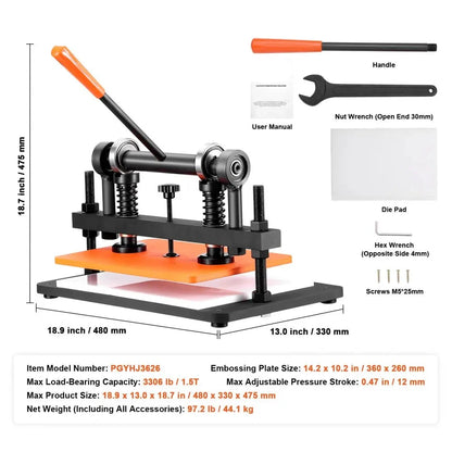 Handmatige Leersnijmachine - Lederen Snijmachine - Embossing Machine - Handmatige - met 12 mm Drukslag - Stanspers - voor Leer - Foam - Rubber en Kunststof - Verstelbare Druk - 1.5 Ton Drukkracht - 36 x 26 cm