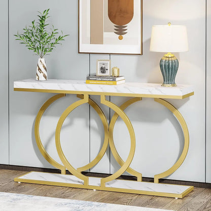 Console Tafel – Sidetable – Haltafel – Wandtafel – Marmeren Blad – Metalen Frame – 153 x 37.5 x 19.5 cm - Wit and Goud