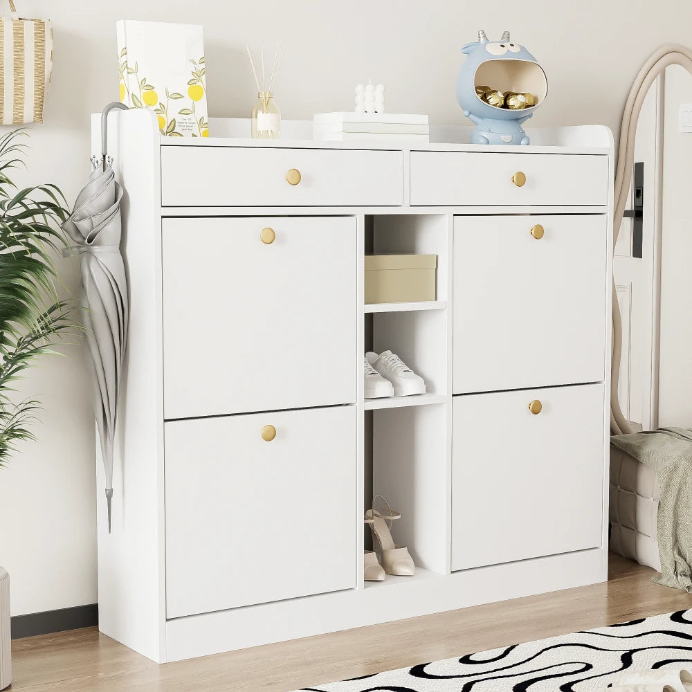 Schoenenkastje – Schoenenrek – Schoenenopbergkast – Halmeubel – Entreekast – Wit – 110x26x100 cm – 4 Klapdeuren Met 2 Lades - QUORE