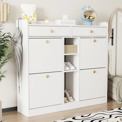 Schoenenkastje – Schoenenrek – Schoenenopbergkast – Halmeubel – Entreekast – Wit – 110x26x100 cm – 4 Klapdeuren Met 2 Lades - QUORE