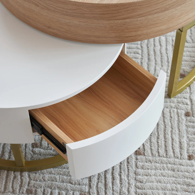 2-delige Salontafel Set - Wit &amp; Houtkleur - Inklapbare Nesting Tafel met 2 Lades - Verstelbare Hoogte - Woonkamer