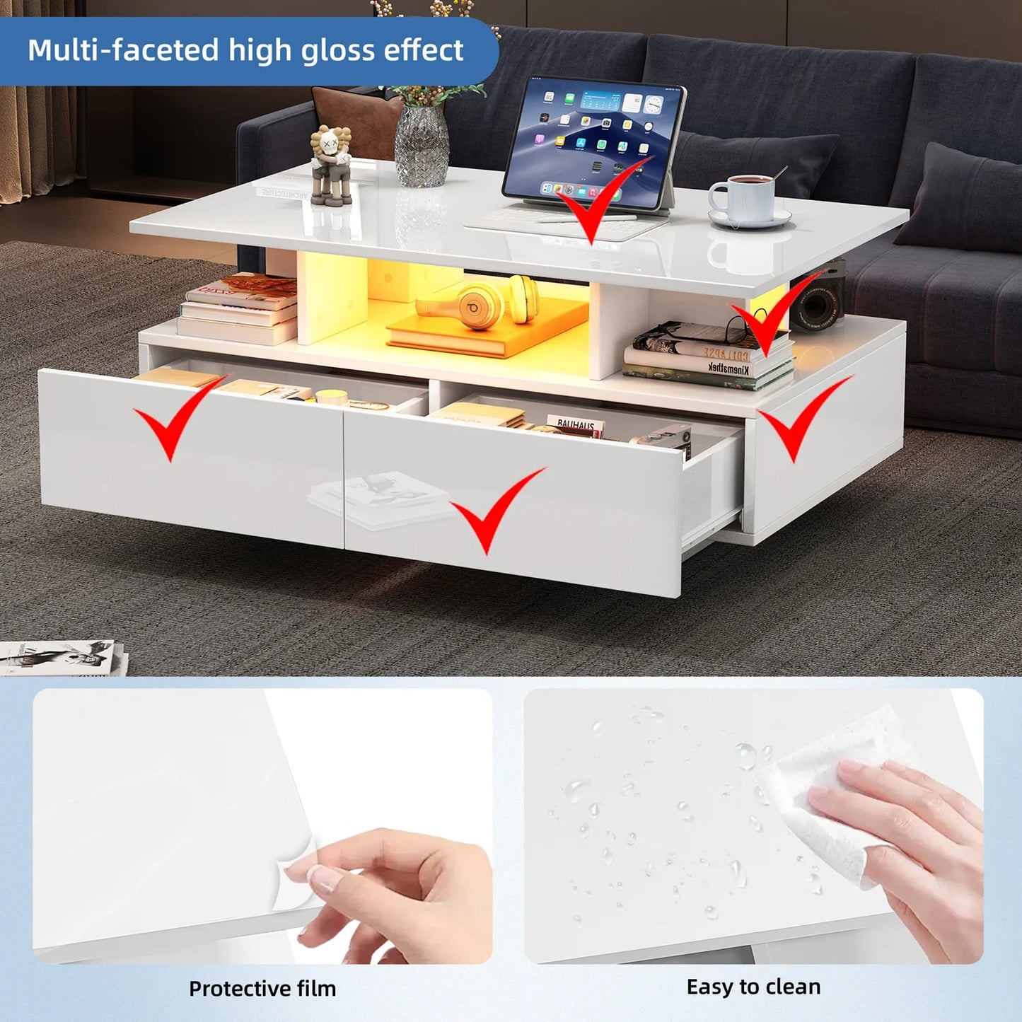 Salontafel – Koffietafel – Tafel – Woonkamertafel – Theetafel – Wit – Hoogglans – LED-Verlichting – 2 Lade – 90x55x41 cm