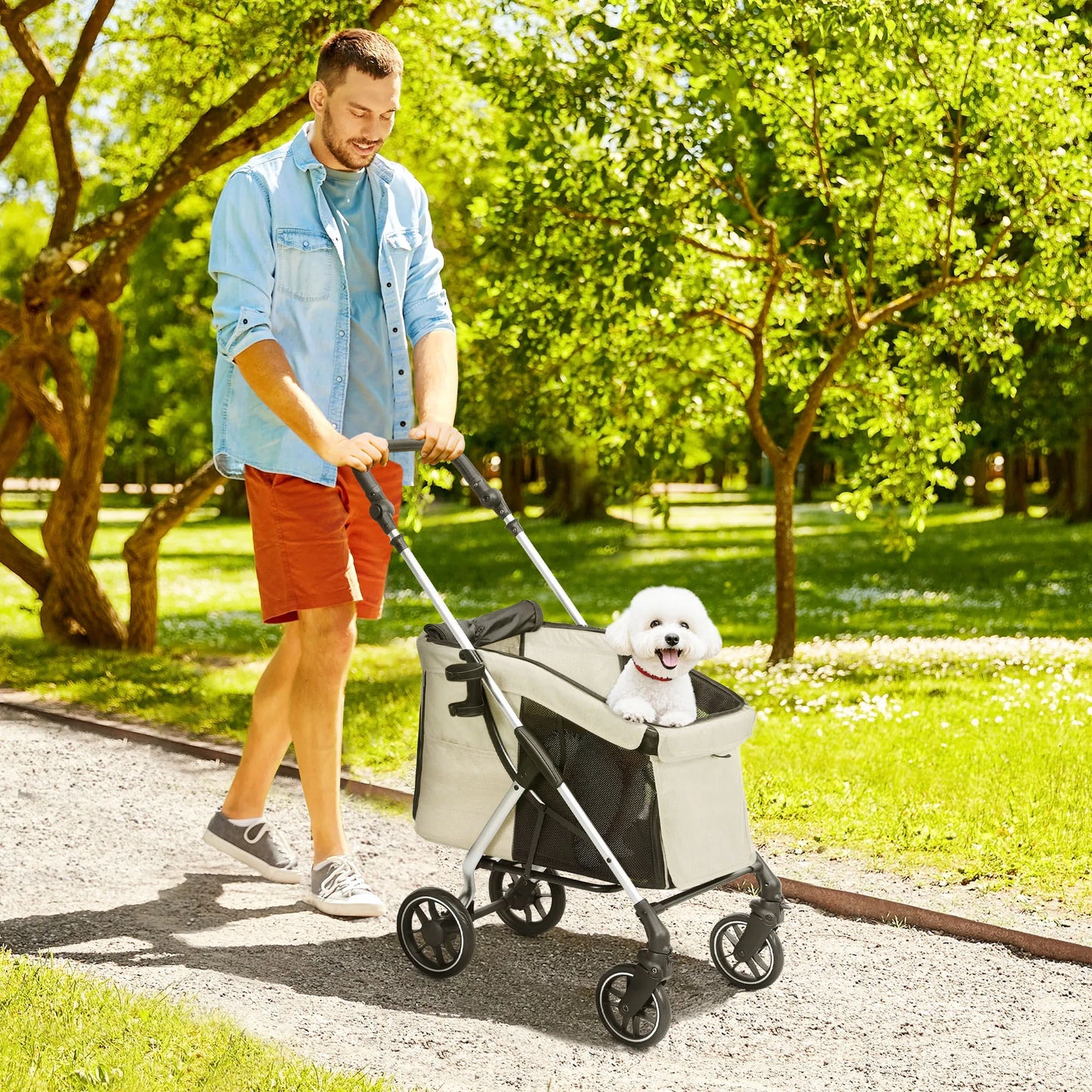 Wandelwagen - Voor Kleine Honden – Hondenbuggy – Hondenkar – Huisdierwagen – Lichtgewicht Aluminium Frame – Opvouwbaar – Wasbaar Kussen - 80 x 48.5 x 106 cm - Khaki