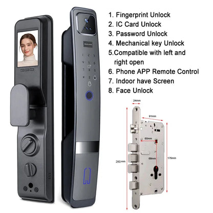 Slimme Deurslot – Elektronisch Deurslot – Gezichtsherkenning Slot – Digitale Deursluiting – Gezichtsherkenning en Vingerafdruk – Wifi Videodeurbel Met Camera - Gezichtsherkenning - 24x280R