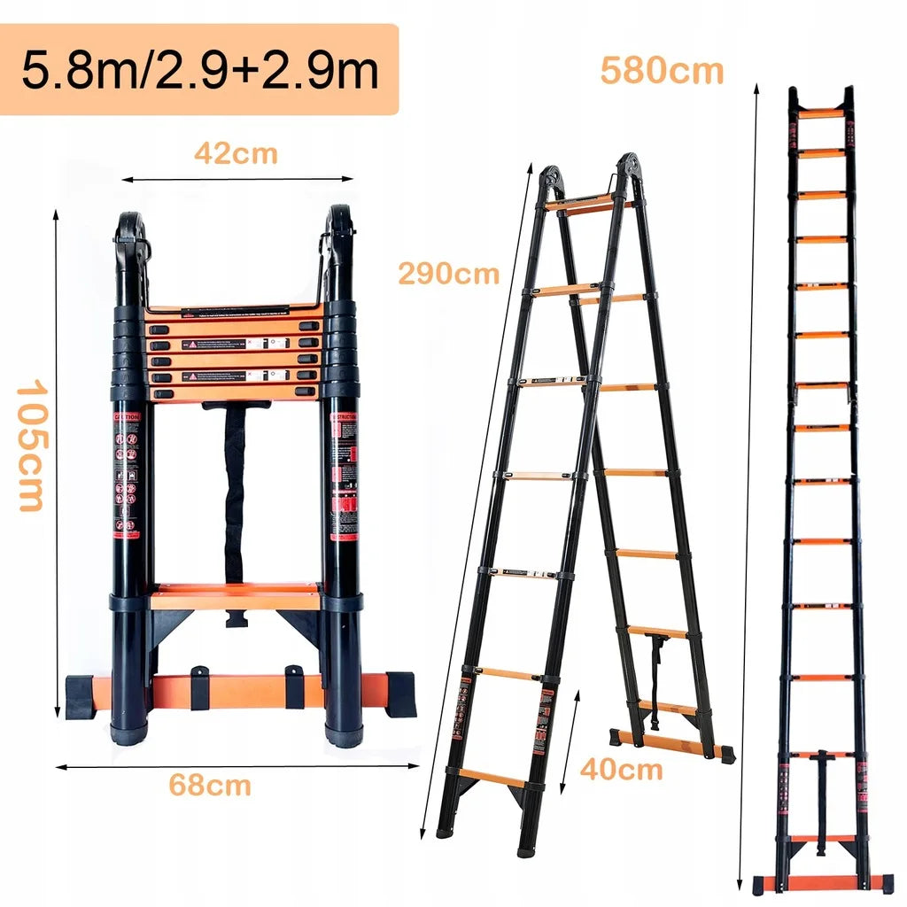 Uitschuifbare Ladder – Telescopische Ladder – Multifunctionele Ladder – Inklapbare Ladder – Verstelbare Ladder – Carbon Staal – 150 Kg Draagkracht - QUORE