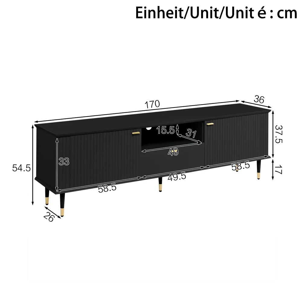 tv-meubel – tv-kast – televisie meubel – dressoir – mediameubel – wit gelakt MDF – soft-close deuren en lades – goudkleurige metalen poten - QUORE