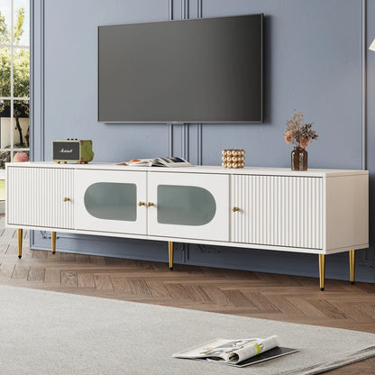 TV-Meubel – Tv-Kast – Meubel Voor Televisie – TV Dressoir – Witgelakt Met Gouden Poten – Ruimte Voor Tv Tot 79 Inch – Geruisloze Scharnieren
