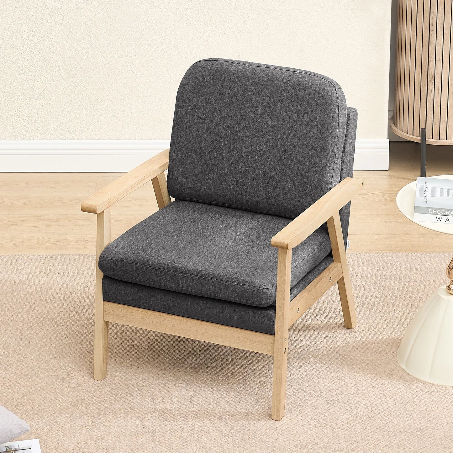 Ligstoel - Tuinstoel - Lounge Fauteuil - Tuinmeubel - Ligstoelen Buiten - Binnen - met Kussen - voor Woonkamer - Slaapkamer - Thuis - Scandinavische Stijl - Sterk - Duurzam - Linnen & Massief Hout - 66.5 x 64 x 81.5 cm - Donkergrijs