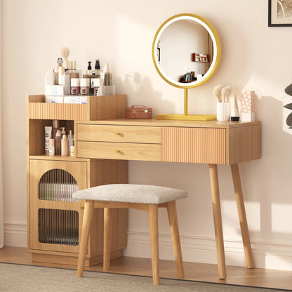 Make-Up Tafel – Kaptafel – Make-Up Bureau – Beauty Meubel – Driedubbele LED-Verlichting – Ruime Opbergruimte - Bruin