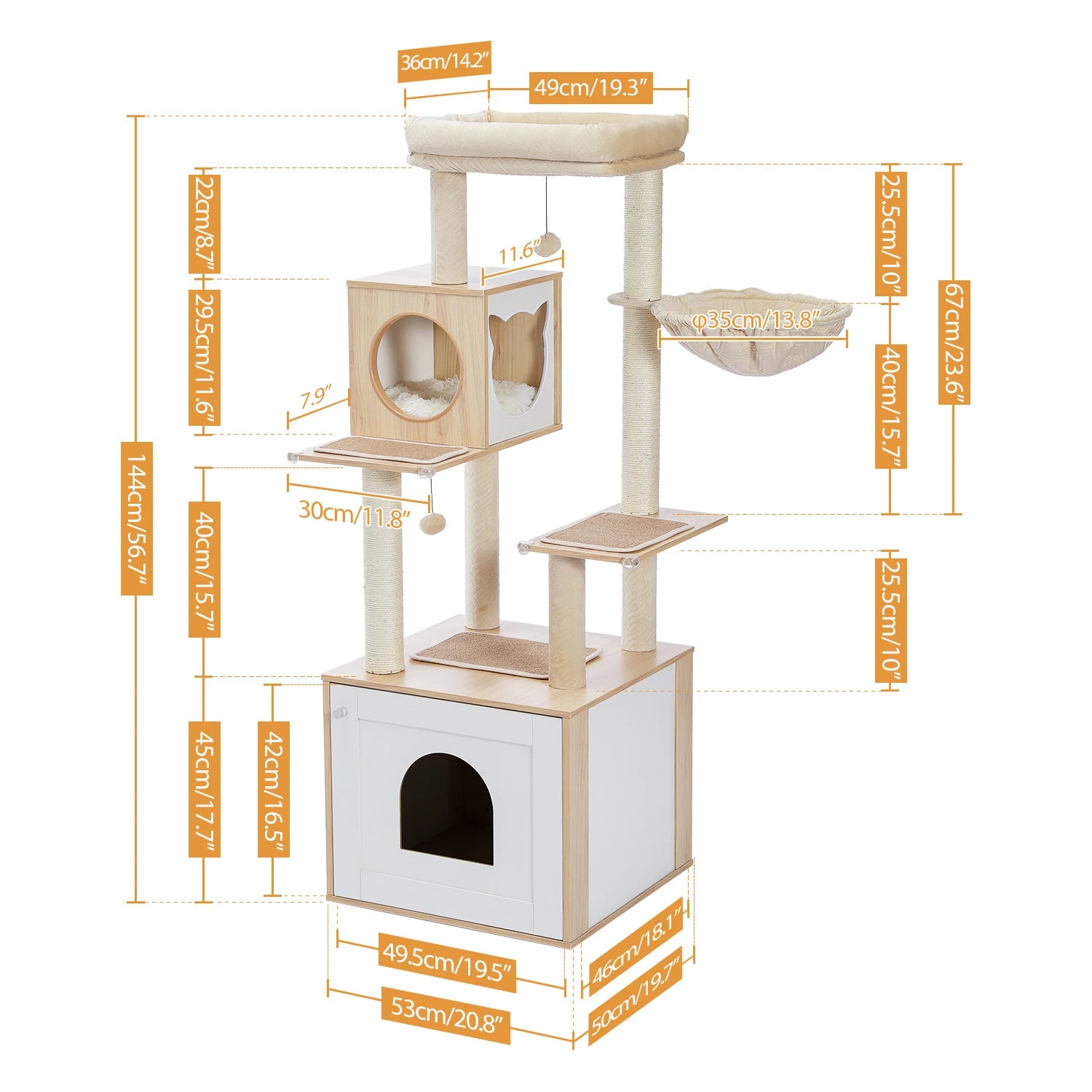 Kattenboom - met Kattenbak Kast – Houten - met Opslagkast - Kattenhuisje - en Sisal Krabpalen – Grote Kattenmeubel voor Binnen – Stabiel en Multifunctioneel - Meerdere Verdiepingen - Arbre a Chat - Zwart - QUORE