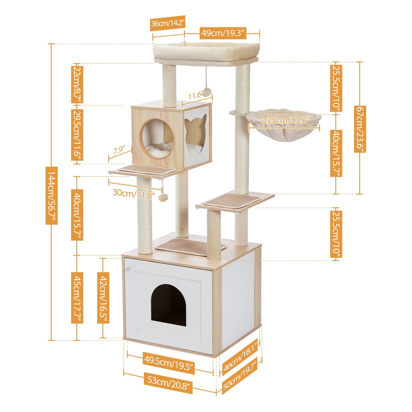 Kattenboom - met Kattenbak Kast – Houten - met Opslagkast - Kattenhuisje - en Sisal Krabpalen – Grote Kattenmeubel voor Binnen – Stabiel en Multifunctioneel - Meerdere Verdiepingen - Arbre a Chat - Beige - QUORE