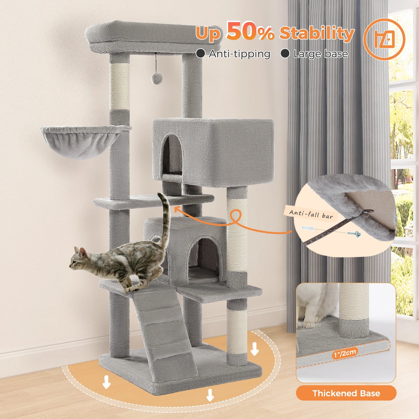 Kattenboom - Meerdere Verdiepingen – Kattenkrabpaal - met Luxe Huis - Ligmand - Sisal - Speelballetje – Stevig Kattenmeubel - Binnenkatten - 143 cm - Gijs