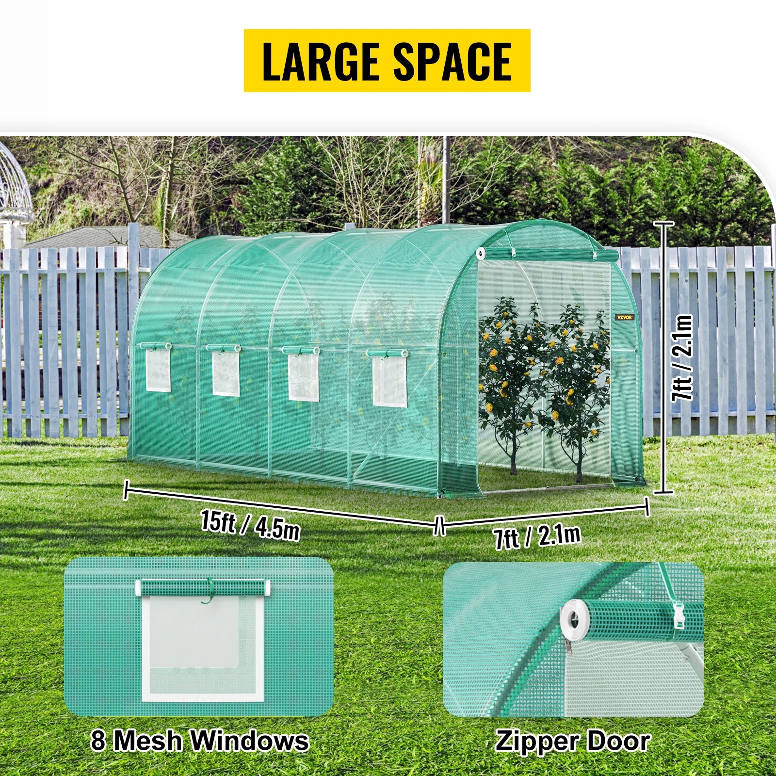 Tunnelkas Walk-In - Broeikas - Tuinkas - Waterdicht PE Doek - Met Gaasramen & Ritsdeur - Verzinkt Stalen Frame - 12x7x7ft - Voor Groenten en Bloemen - QUORE