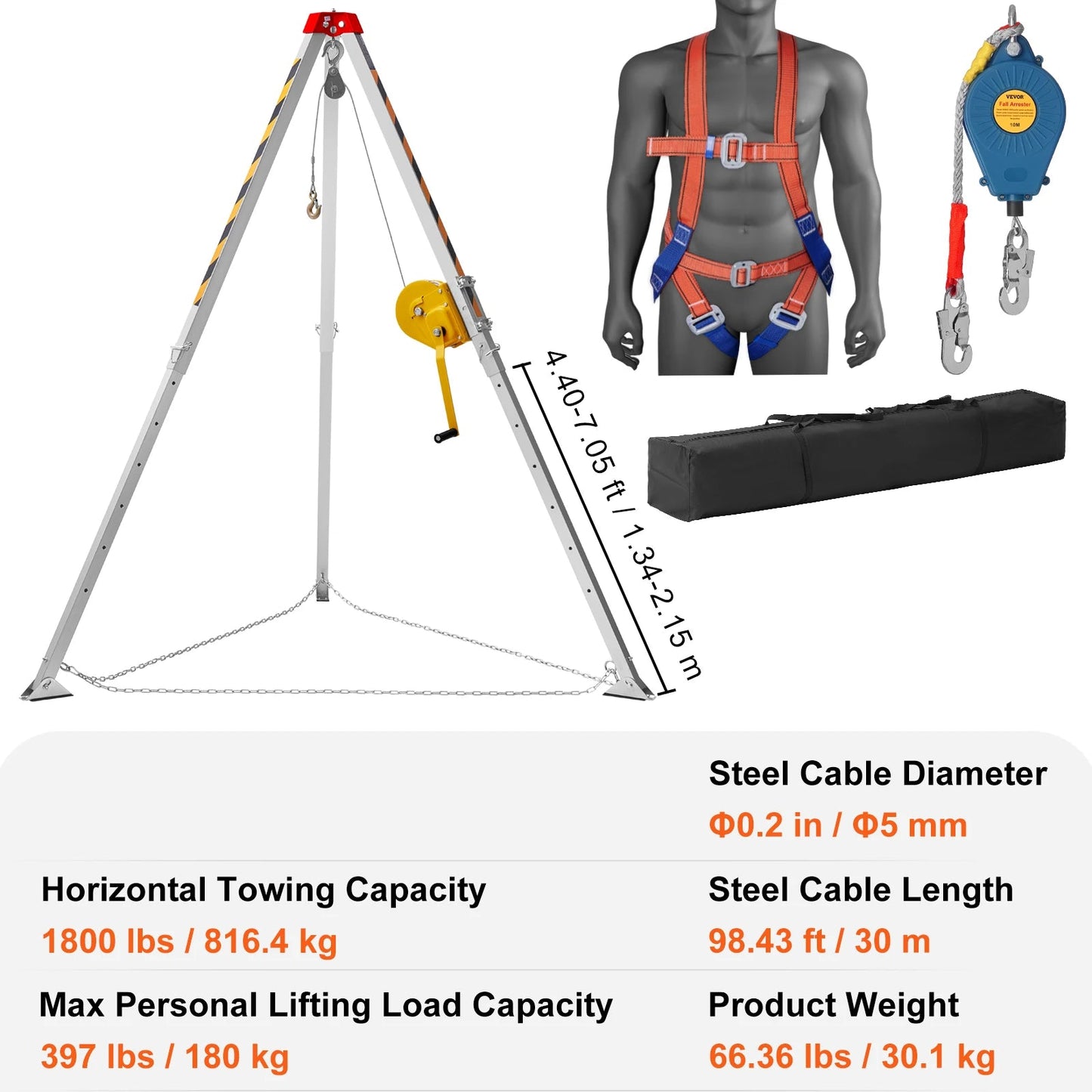 Reddingsdriepoot – Reddingsdriepoot Set – Veiligheidstrapod – Valbeveiliging Tripod – Reddingstrapod – Horizontale Trekkracht 1800lbs – Verstelbare Poten Met Veiligheidsgordel
