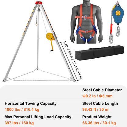 Reddingsdriepoot – Reddingsdriepoot Set – Veiligheidstrapod – Valbeveiliging Tripod – Reddingstrapod – Horizontale Trekkracht 1800lbs – Verstelbare Poten Met Veiligheidsgordel
