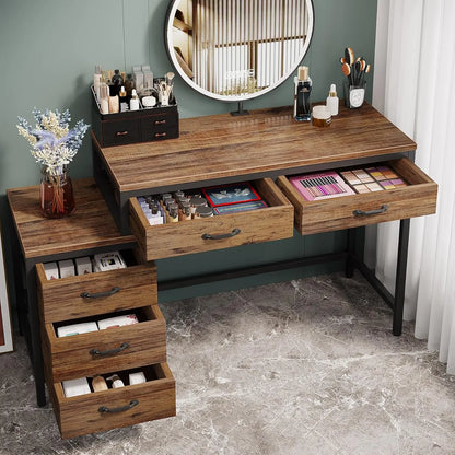 Make-up Tafel – Visagie Tafel – Schoonheidstafel – Beauty Tafel – Kaptafel – Bruin Hout – 5 Lades + Zijlade – Compact Design - QUORE