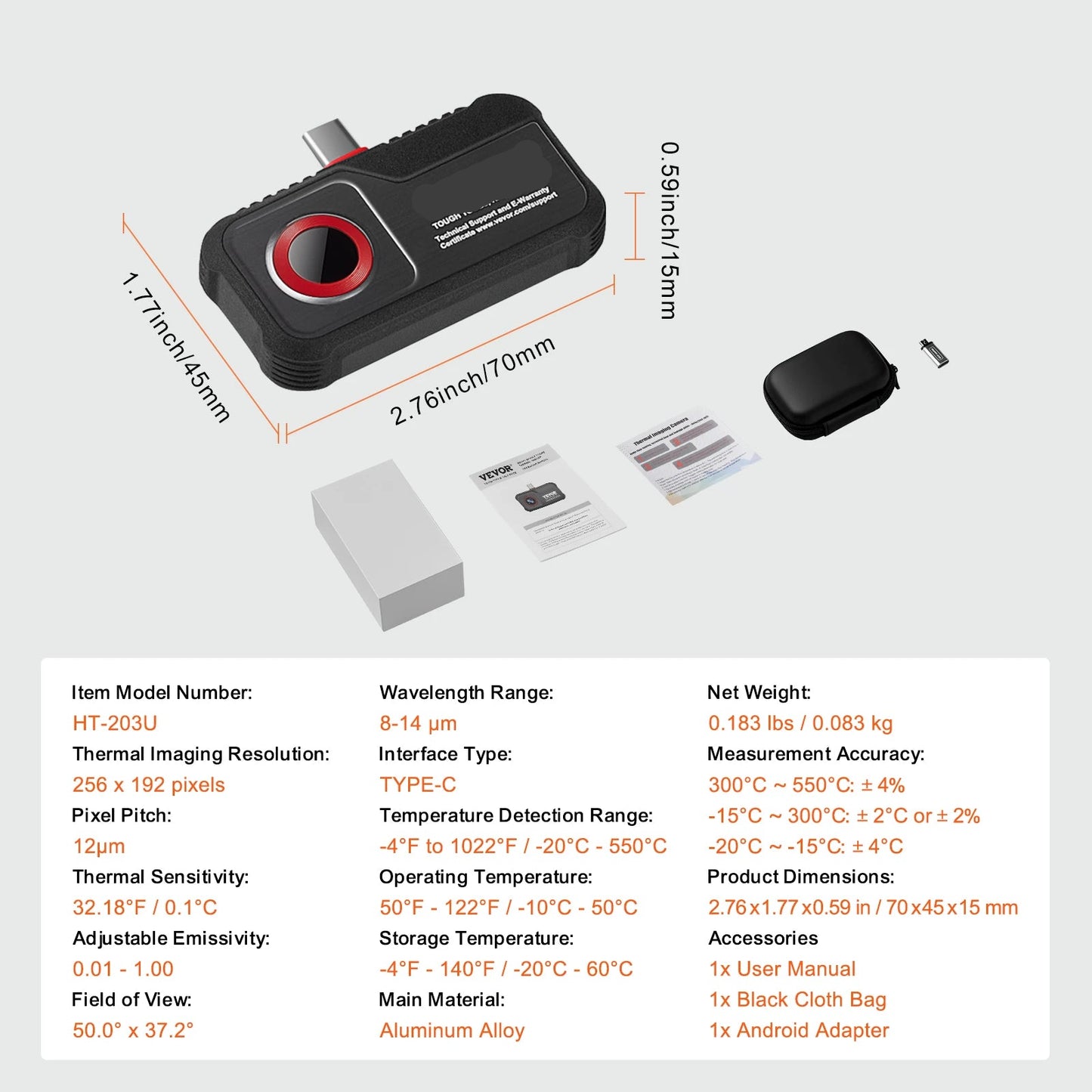 Warmtebeeldcamera - Warmtecamera - Infrarood Camera - Thermische Beeldcamera - 256x192 IR Resolutie - 25Hz Beeldverversing - Thermische Imager - Voor Android Tablets - Inspectiecamera - Lekdetectie en Onderhoud