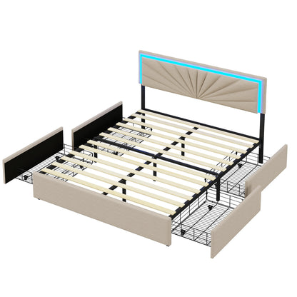 Beige Linnen Bed – Tweepersoonsbed – Opbergbed – Bedframe – Slaapkamerbed – 160x200 cm – Verstelbare Hoofdsteun – RGB LED-verlichting