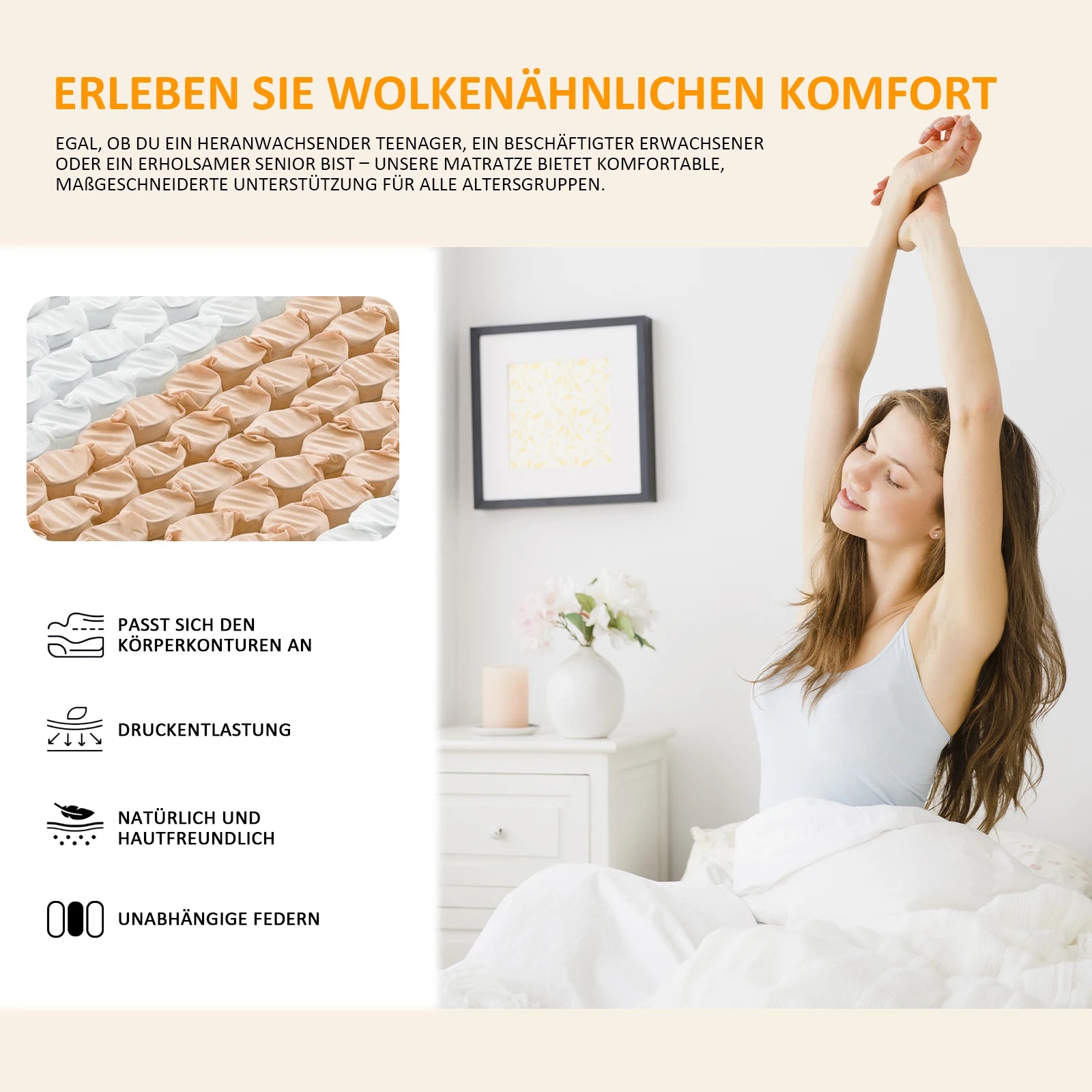 Pocket spring core mattress 22 cm - 7 zone mattress with comfort foam and stable support H4 - QUORE