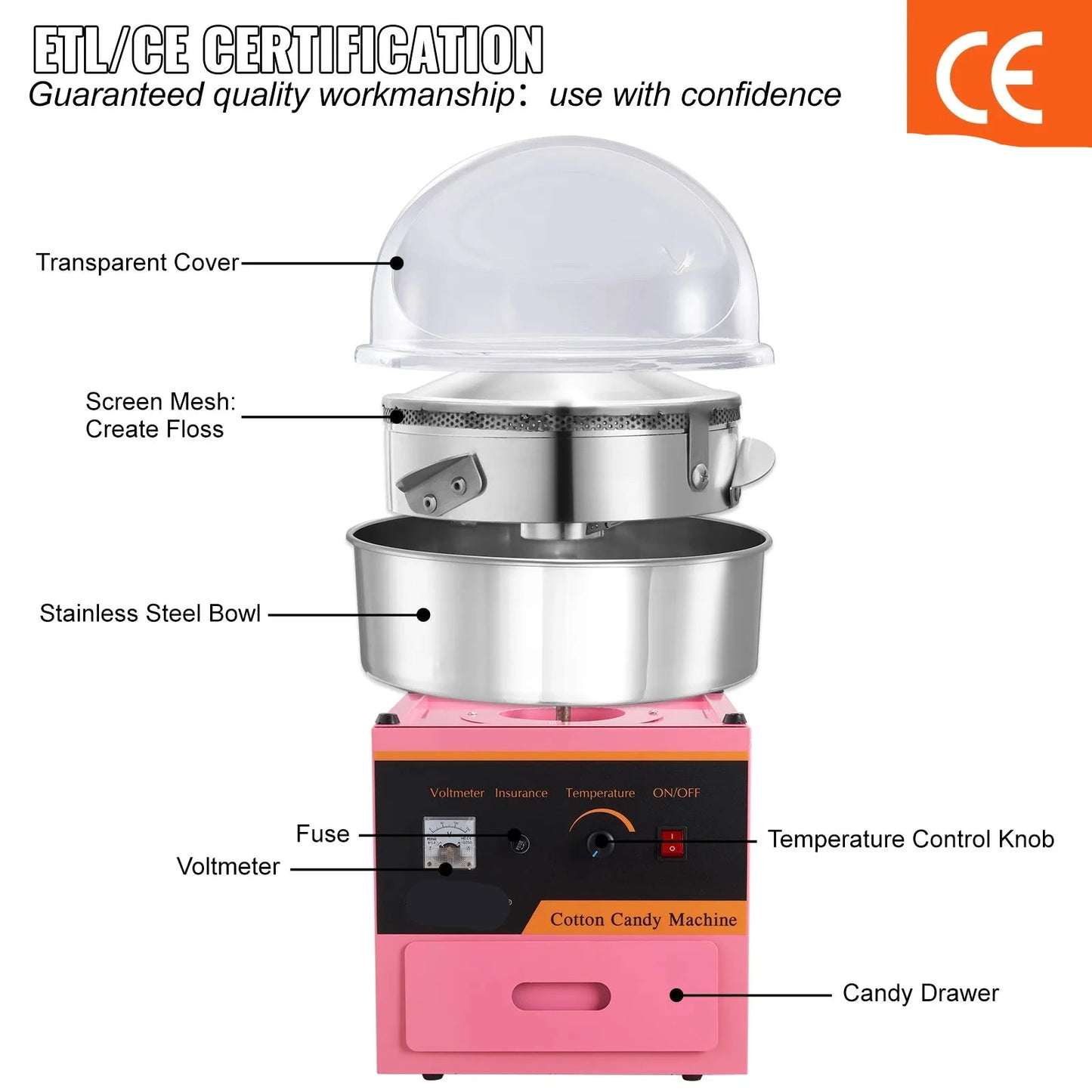 Suikerspinmachine Elektrisch - Suikerspinmachines - Mini Suikerspin - Suikerspinmaker - 1000W - RVS Kom - Instelbare Temperatuur - Incl. Schep en Lade - Voor Feestjes - Kermis - en Verjaardagen - Rood - met Kar