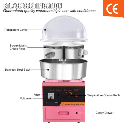 Suikerspinmachine Elektrisch - Suikerspinmachines - Mini Suikerspin - Suikerspinmaker - 1000W - RVS Kom - Instelbare Temperatuur - Incl. Schep en Lade - Voor Feestjes - Kermis - en Verjaardagen - Blauw - met Kar