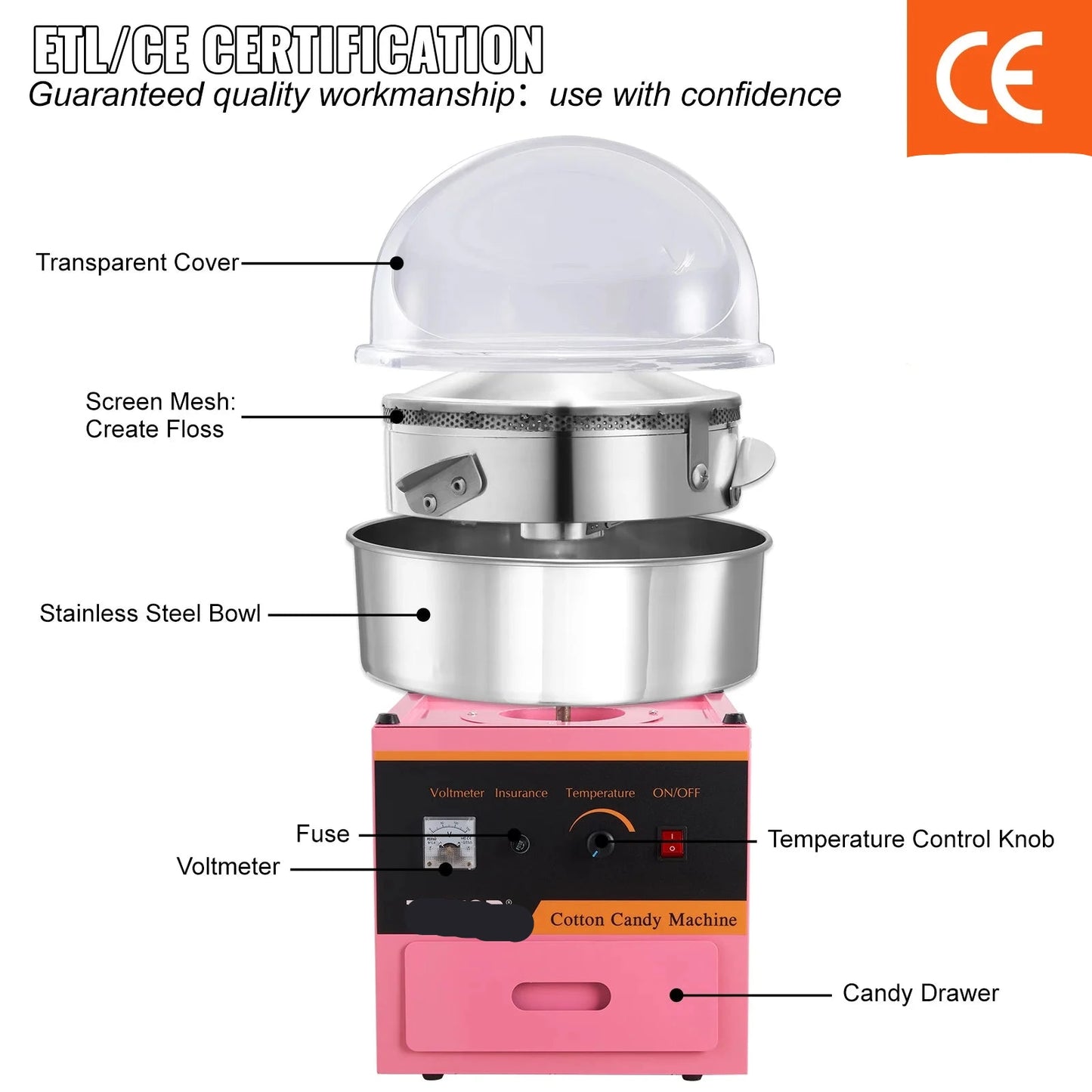Suikerspinmachine Elektrisch - Suikerspinmachines - Mini Suikerspin - Suikerspinmaker - 1000W - RVS Kom - Instelbare Temperatuur - Incl. Schep en Lade - Voor Feestjes - Kermis - en Verjaardagen - Roze - met Kar