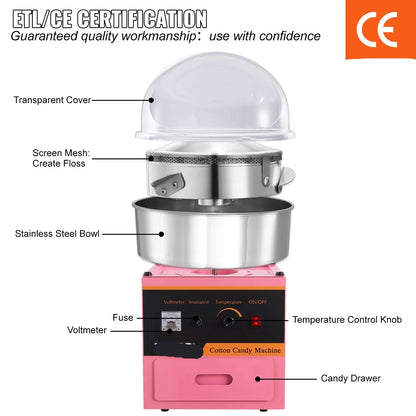 Suikerspinmachine Elektrisch - Suikerspinmachines - Mini Suikerspin - Suikerspinmaker - 1000W - RVS Kom - Instelbare Temperatuur - Incl. Schep en Lade - Voor Feestjes - Kermis - en Verjaardagen - Roze - met Kar