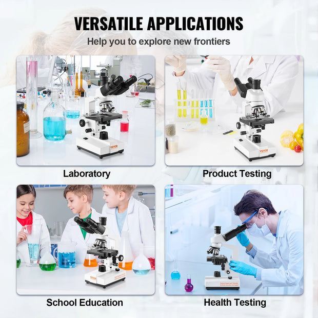 Vevor - Digital microscope - Lab microscope - Compound binocular microscope - 40X-2500X - with LED illumination - Metal base - White