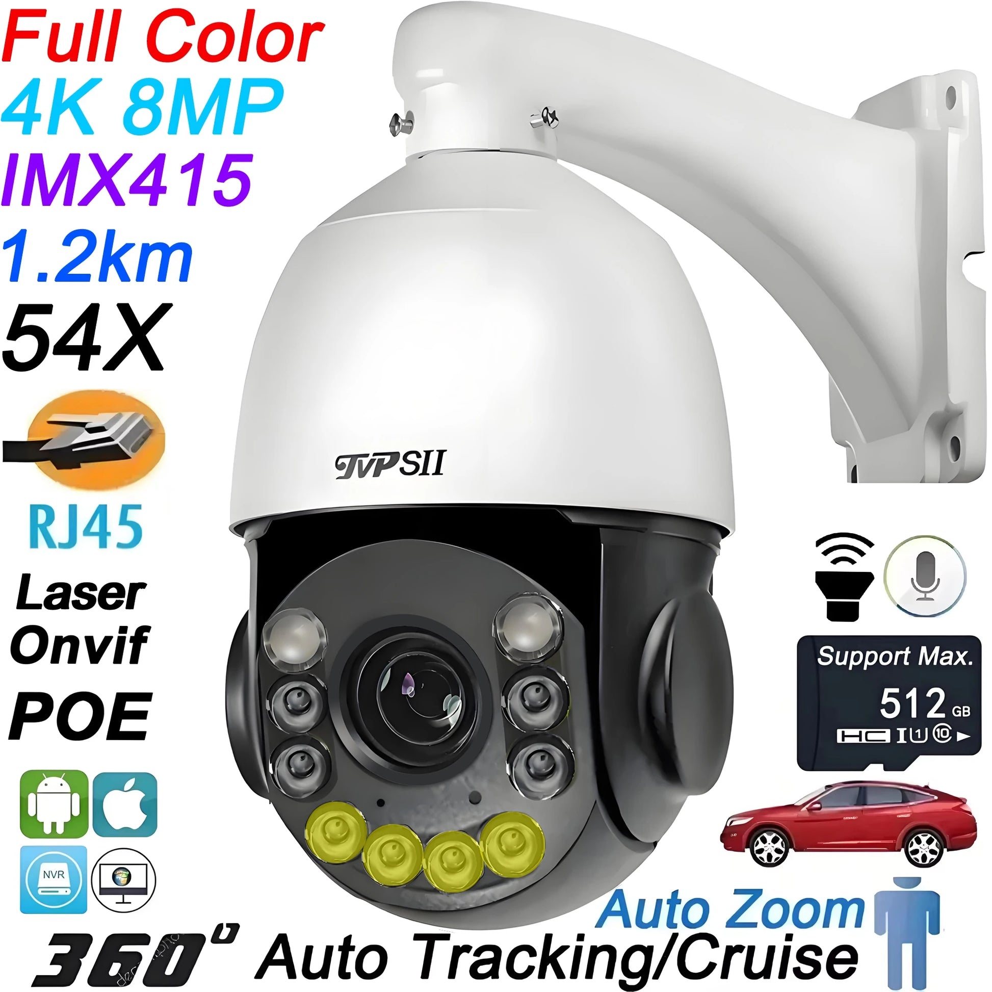 Onvif Metal Laser Infrared Full Color Auto Tracking Cruise 8MP 4K 54X Optics Zoom 360° POE PTZ Speed Dome Surveillance IP Camera - QUORE