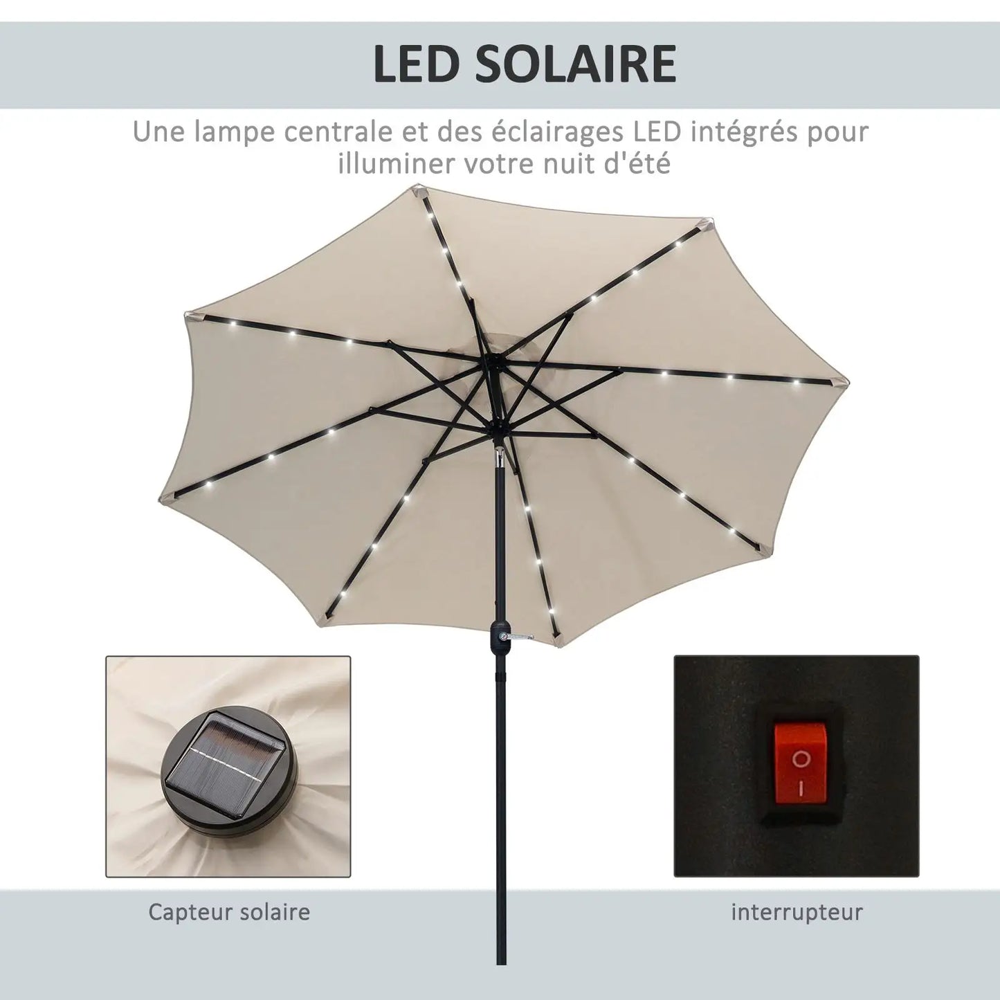 Tuinparasol – Zweefparasol - Achthoekige Terrasparasol – Zonne-energie Parasol – Buitenparasol – Polyester Doek – 24 LED Lampjes – Kantelbaar Design