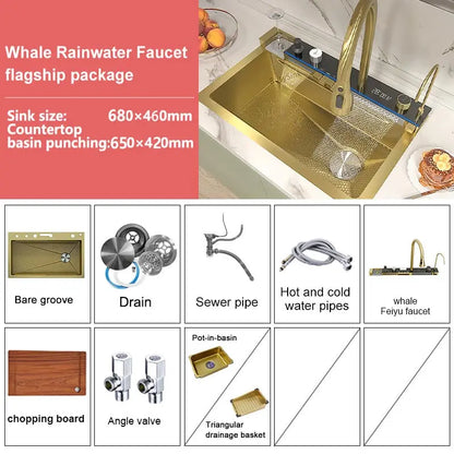 Stainless Steel Waterfall Kitchen Sink Extra Large Single Slot Digital Display Faucet Set Cup Washer Wash Basin 100*50cm