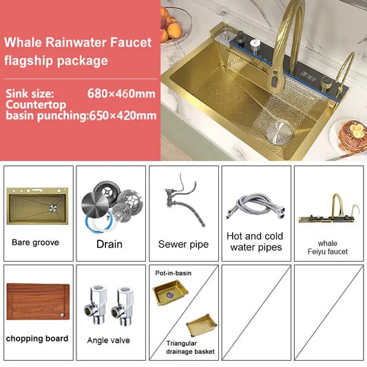 Stainless Steel Waterfall Kitchen Sink Extra Large Single Slot Digital Display Faucet Set Cup Washer Wash Basin 100*50cm