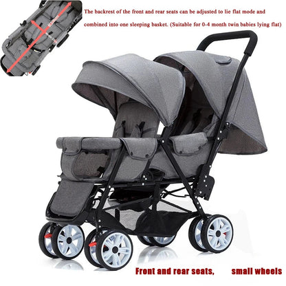 Dubbele Kinderwagen - Tweeling Kinderwagen - Duo Buggy - Duo kinderwagen - 2 Omvormbare Zitjes - en Reiswiegjes - Klein Wiel Grijs