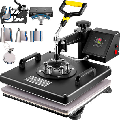 15x15 Inch 8-in-1 Hittepersmachine - 360° Draaibaar - LED Display - Sublimatie Transferpers voor Mokken, T-shirts & Meer - 1250W - Zwart