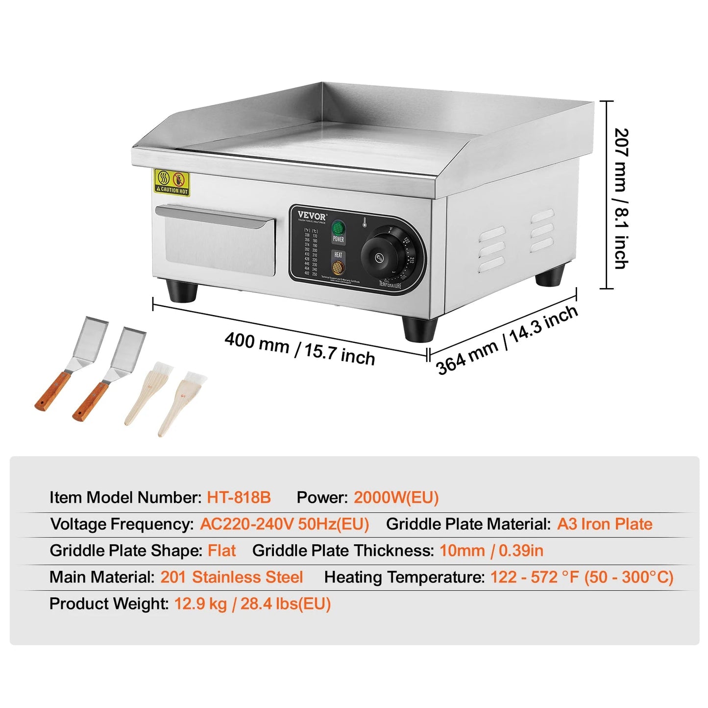 Elektrische Grillplaat - 2000W – Grillplaat - Teppanyaki Grill - Roestvrij Staal – 50-300°C Temperatuurregeling – 14 inch - Voor Horeca -en Thuisgebruik - Ruim Bakoppervlak
