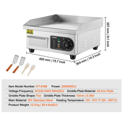 Elektrische Grillplaat - 2000W – Grillplaat - Teppanyaki Grill - Roestvrij Staal – 50-300°C Temperatuurregeling – 14 inch - Voor Horeca -en Thuisgebruik - Ruim Bakoppervlak