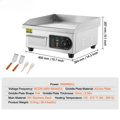 Elektrische Grillplaat - Grillplaat - Teppanyaki Grill - voor Horeca - Thuisgebruik - Ruim Bakoppervlak - 50-300°C Temperatuurregeling - AC 220-240V - 50Hz - 2000W - 14 inch - RVS - Zilver