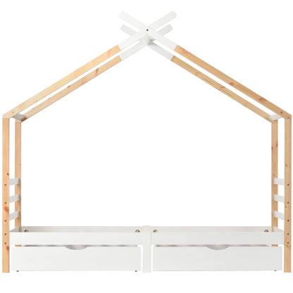 Kinderbed Huisjesvorm – Kinderbedje – Bedhuis – Speelbed – Houten Bed – Wit – 90x200 cm – Stevig Grenenhout – Met Opbergladen en Lattenbodem
