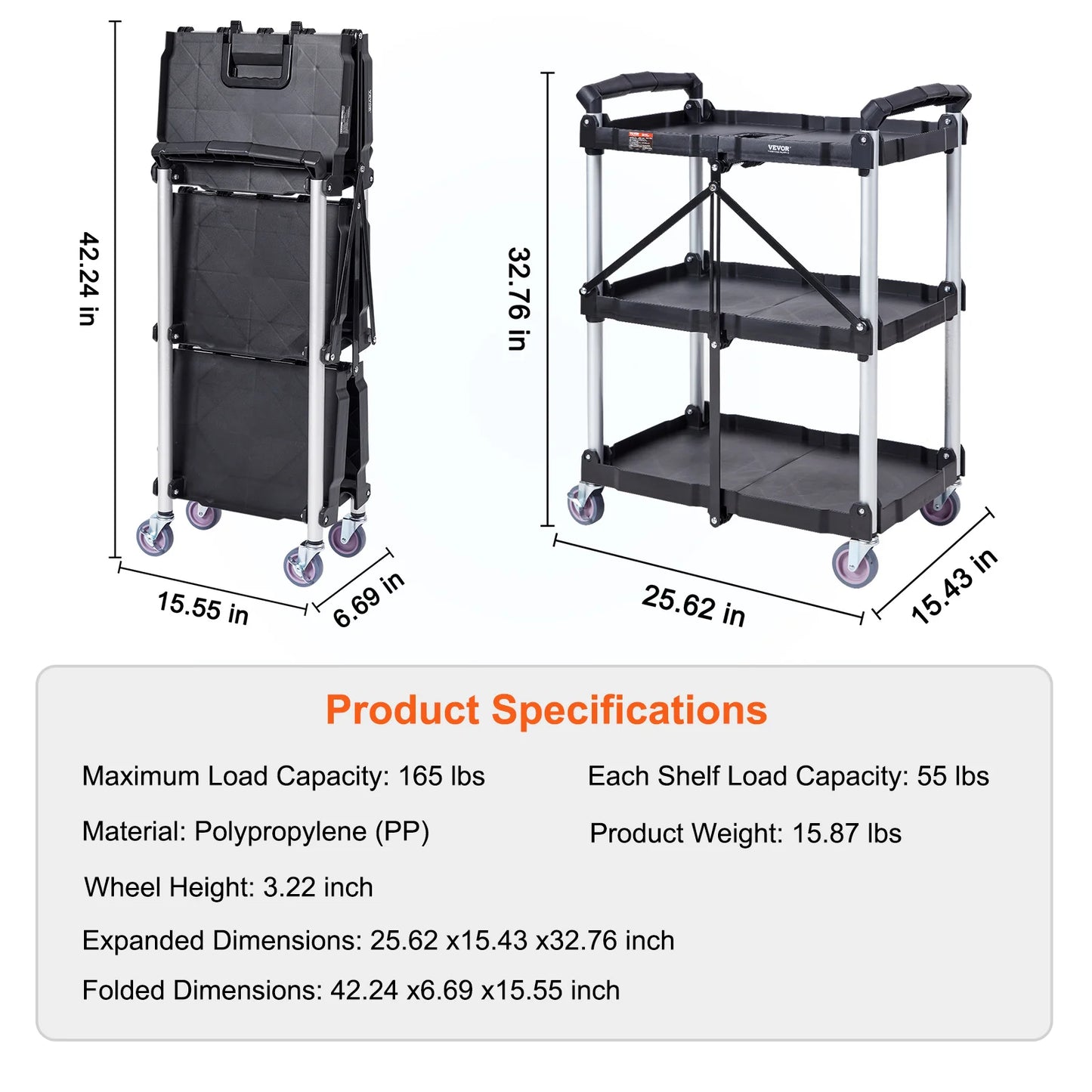 Serveerwagen - Keukentrolley - Utility Cart - Roltafel - Vouwbare - 3-Tier - Slim Slide Organizer - voor Keuken, Badkamer of Opslagruimte - QUORE