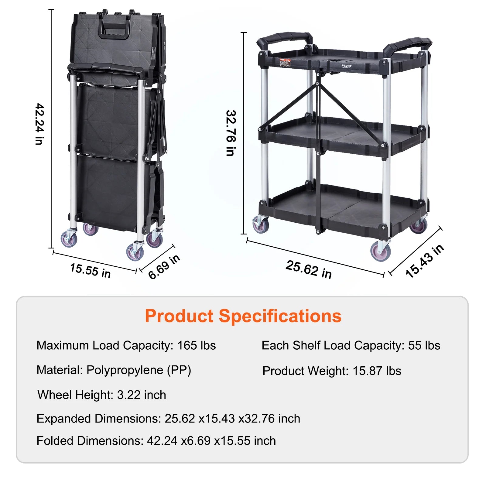 Serveerwagen - Keukentrolley - Utility Cart - Roltafel - Vouwbare - 3-Tier - Slim Slide Organizer - voor Keuken, Badkamer of Opslagruimte - QUORE