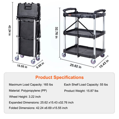 Serveerwagen - Keukentrolley - Utility Cart - Roltafel - Vouwbare - 3-Tier - Slim Slide Organizer - voor Keuken, Badkamer of Opslagruimte - QUORE