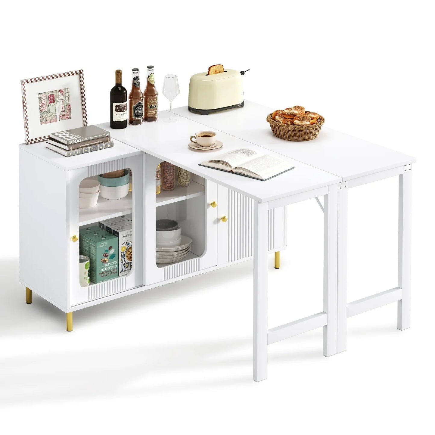 White Buffet Sideboard With Foldable And Pull-Out Table Top, Rotatable Surface, Glass Sliding Doors For Dining Room And Kitchen