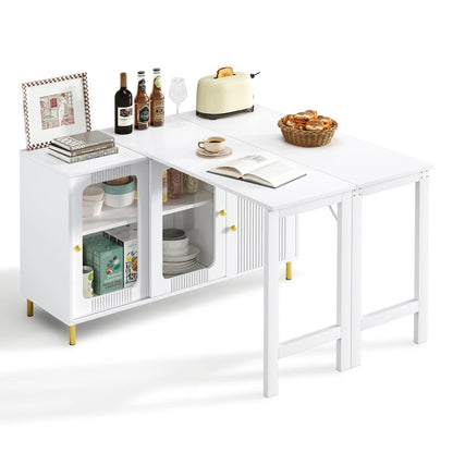 White Buffet Sideboard With Foldable And Pull-Out Table Top, Rotatable Surface, Glass Sliding Doors For Dining Room And Kitchen